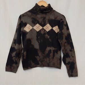 MAEVEN WEAR | Grunge Boho Acid Washed Argyle Turtleneck Sweater | CA S